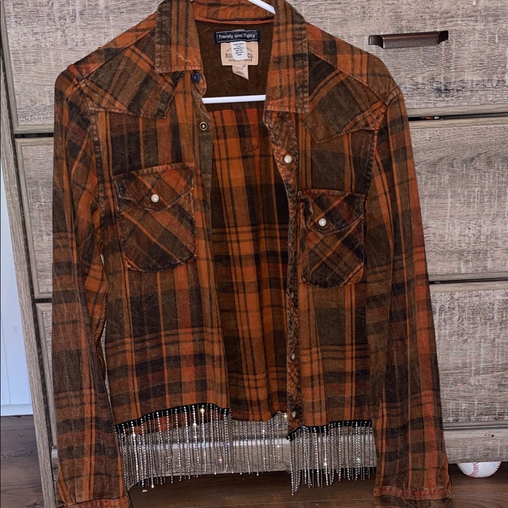 Brown Plaid Button Down Shirt with Rhinestone Fringe